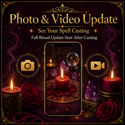 Photo and video update image for Obsession Spell showing a phone screen mockup with a candle ritual and camera video icons