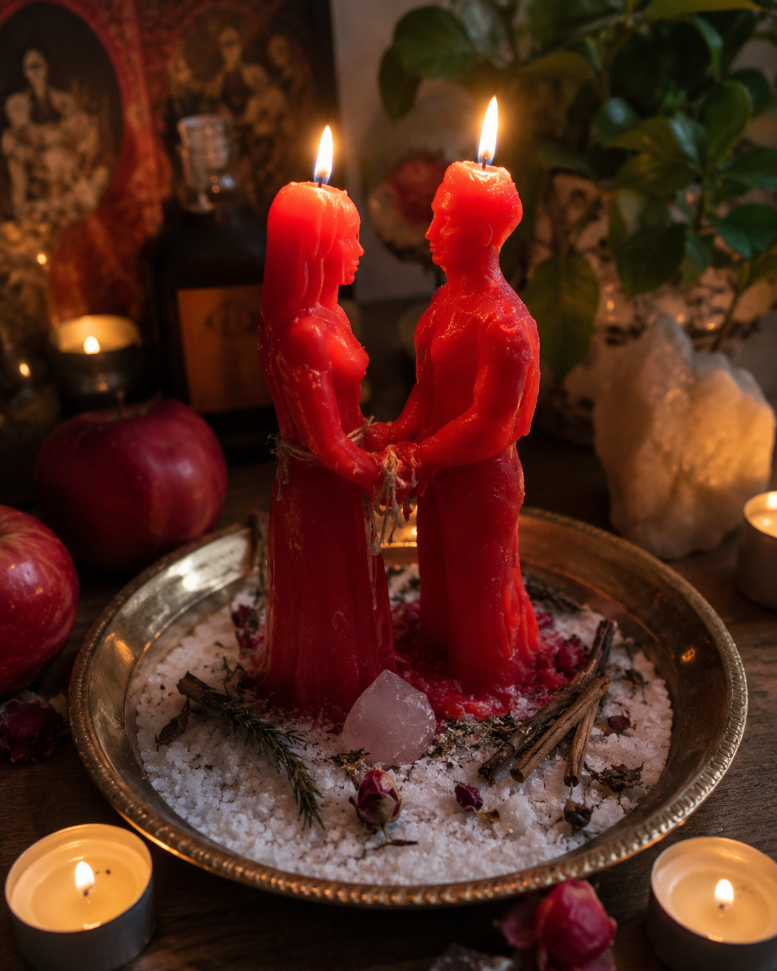 Realistic cellphone-style photo of a red couple candle obsession spell ritual with herbs, salt, crystal and candlelight on an altar