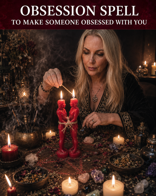 Obsession Spell to Make Someone Obsessed With You prepared by Belinda with red figure candles, herbs, crystals, smoke and candlelit ritual altar