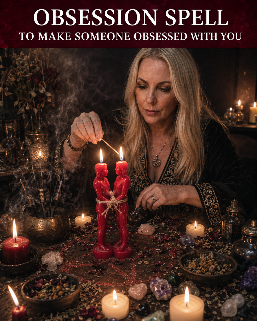 Belinda preparing an obsession love spell ritual with red figure candles, herbs, crystals, and candlelight