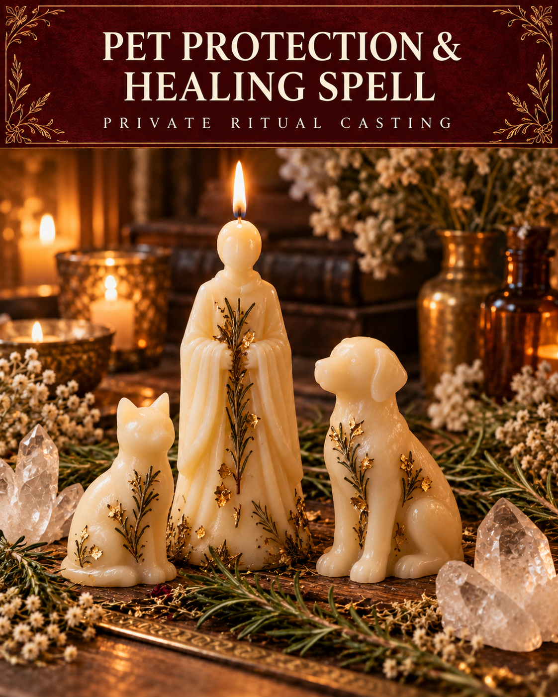 Pet Protection & Healing Spell — private ritual casting, with stylized figure candles on a warm wooden altar.