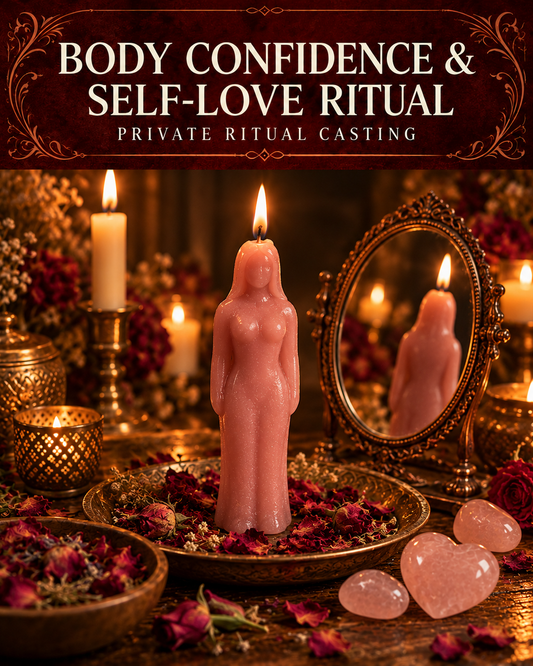 Body Confidence & Self-Love Ritual private ritual casting artwork with symbolic wax figure candles on a warmly lit altar.