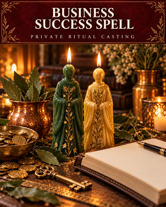 Business Success Spell — private ritual casting, with stylized figure candles on a warm wooden altar.