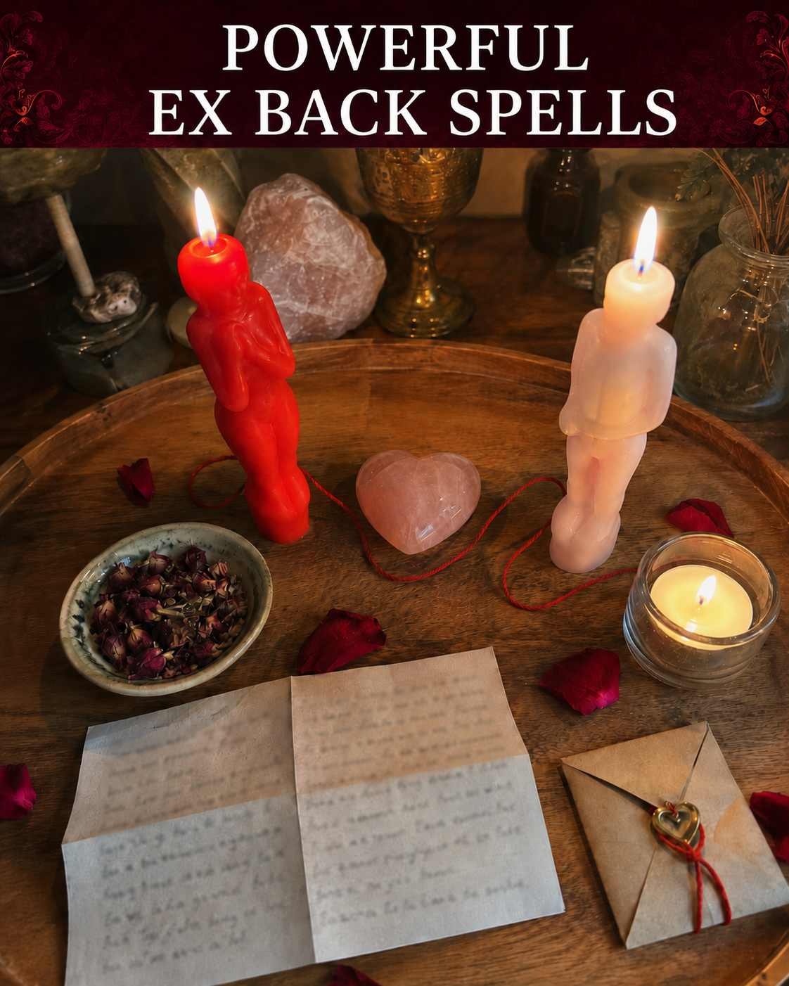 Powerful Ex Back Spells altar photo with red and white figure candles, rose quartz heart, red thread, rose petals, herbs, and handwritten petition for reconciliation energy.