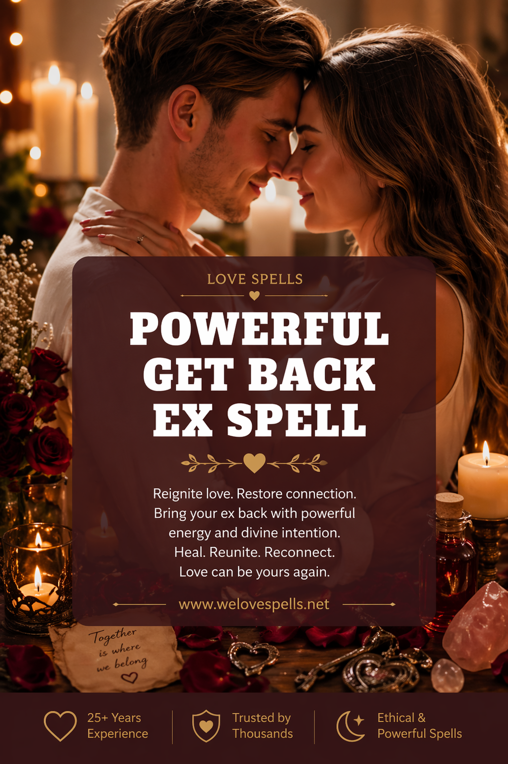 Romantic couple reconnecting forehead to forehead in warm candlelight with roses and crystals symbolizing a powerful get back ex spell for reconciliation, healing and restoring love by Belinda