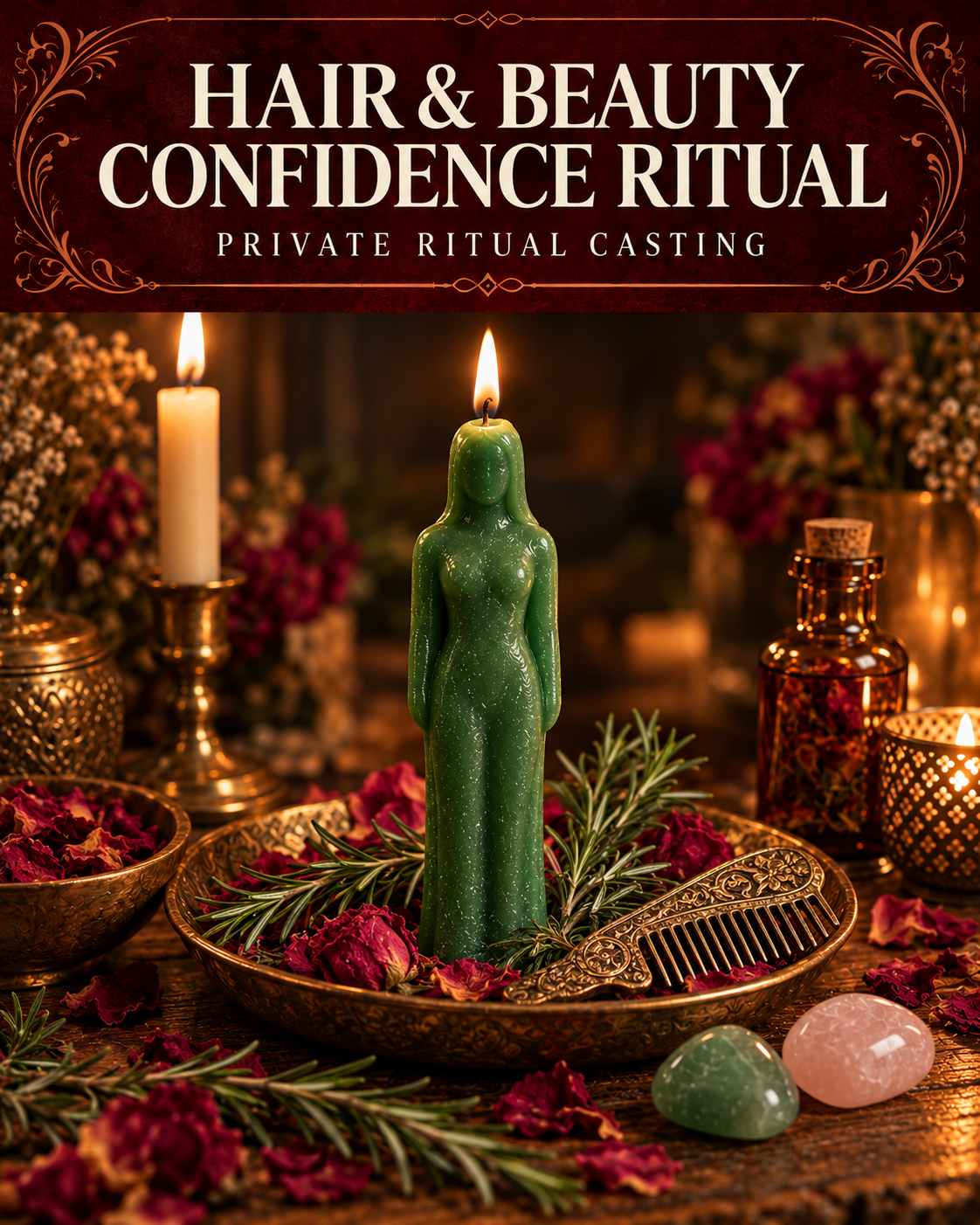 Hair & Beauty Confidence Ritual private ritual casting artwork with symbolic wax figure candles on a warmly lit altar.