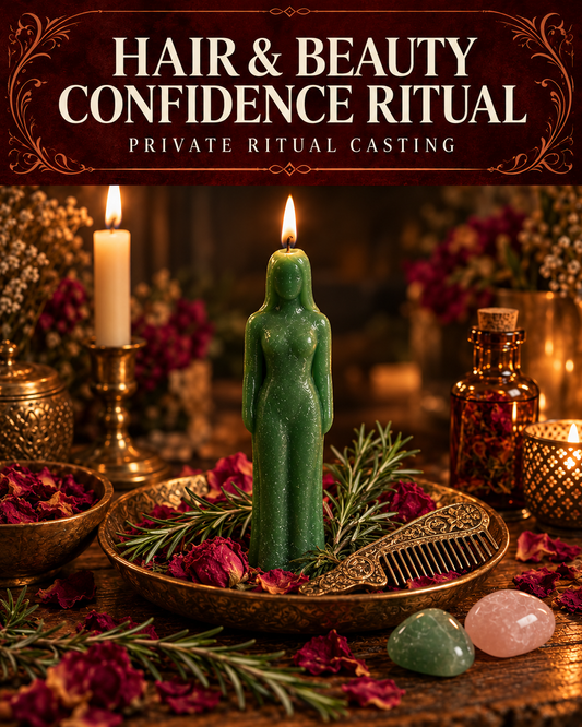 Hair & Beauty Confidence Ritual private ritual casting artwork with symbolic wax figure candles on a warmly lit altar.