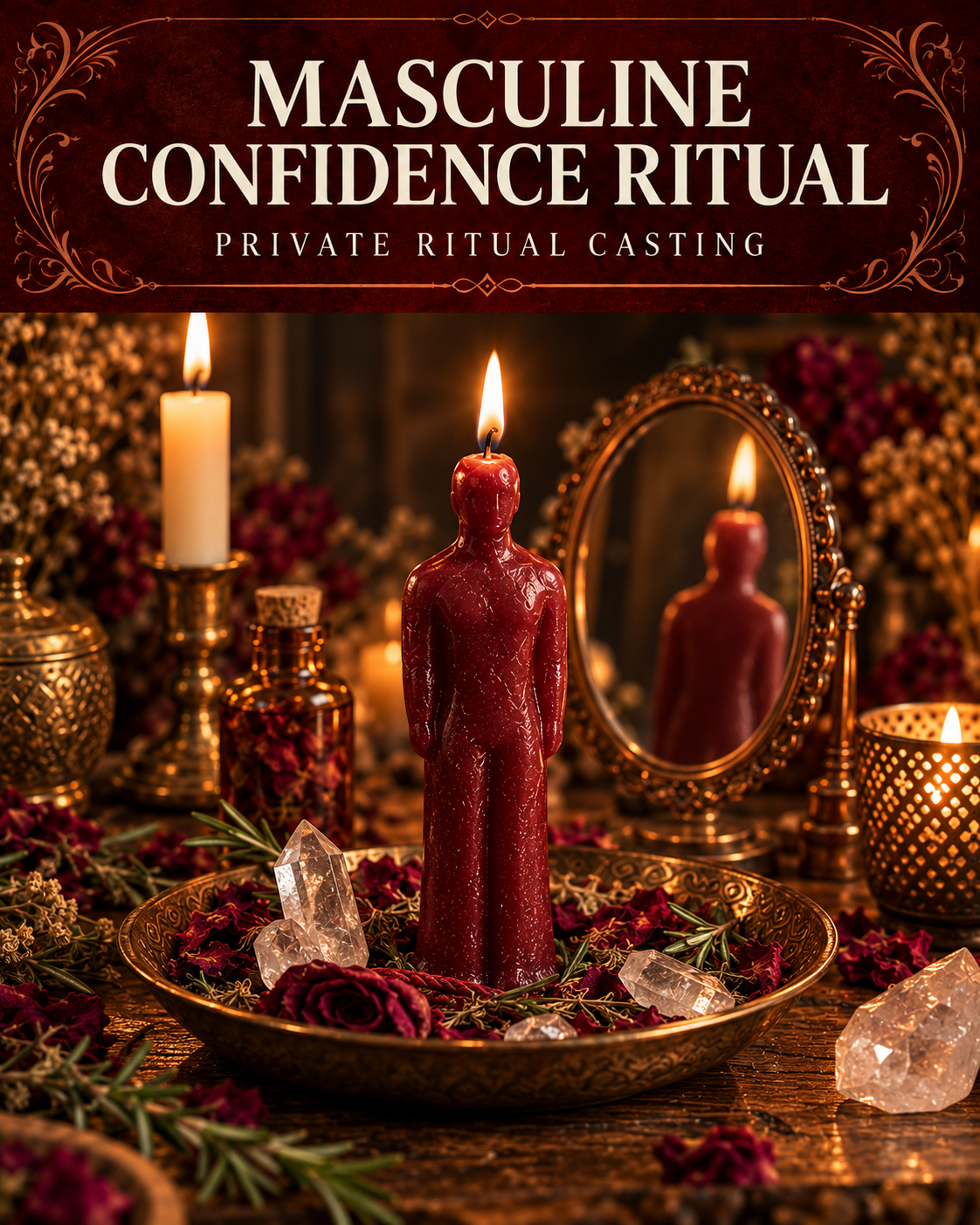 Masculine Confidence Ritual private ritual casting artwork with symbolic wax figure candles on a warmly lit altar.