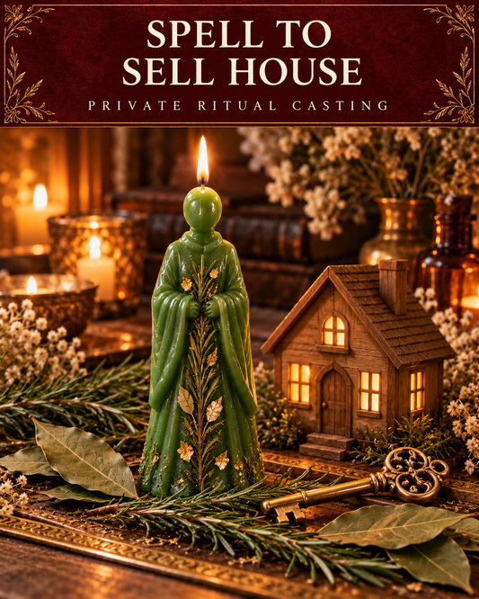 Spell to Sell House — private ritual casting, with stylized figure candles on a warm wooden altar.