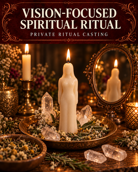Vision-Focused Spiritual Ritual private ritual casting artwork with symbolic wax figure candles on a warmly lit altar.