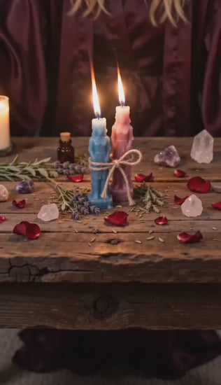 Belinda preparing a private Reconciliation Love Spell ritual with blue and pink candles, herbs, crystals, and warm candlelight for emotional healing and renewed trust.
