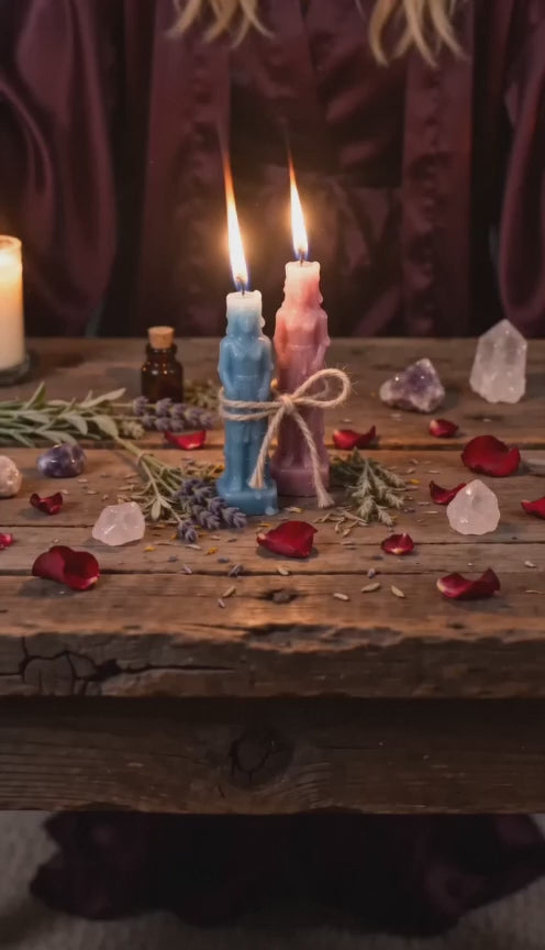 Belinda preparing a private Reconciliation Love Spell ritual with blue and pink candles, herbs, crystals, and warm candlelight for emotional healing and renewed trust.