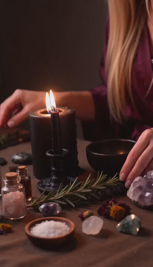 Belinda performing a Karmic Justice Spell return-to-sender ritual with black candles, herbs, crystals and protective spiritual ingredients