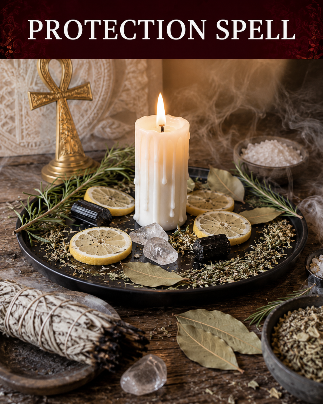 Protection Spell main image with white candle, lemon slices, rosemary, bay leaves, salt, sage, and protective crystals on a ritual altar.