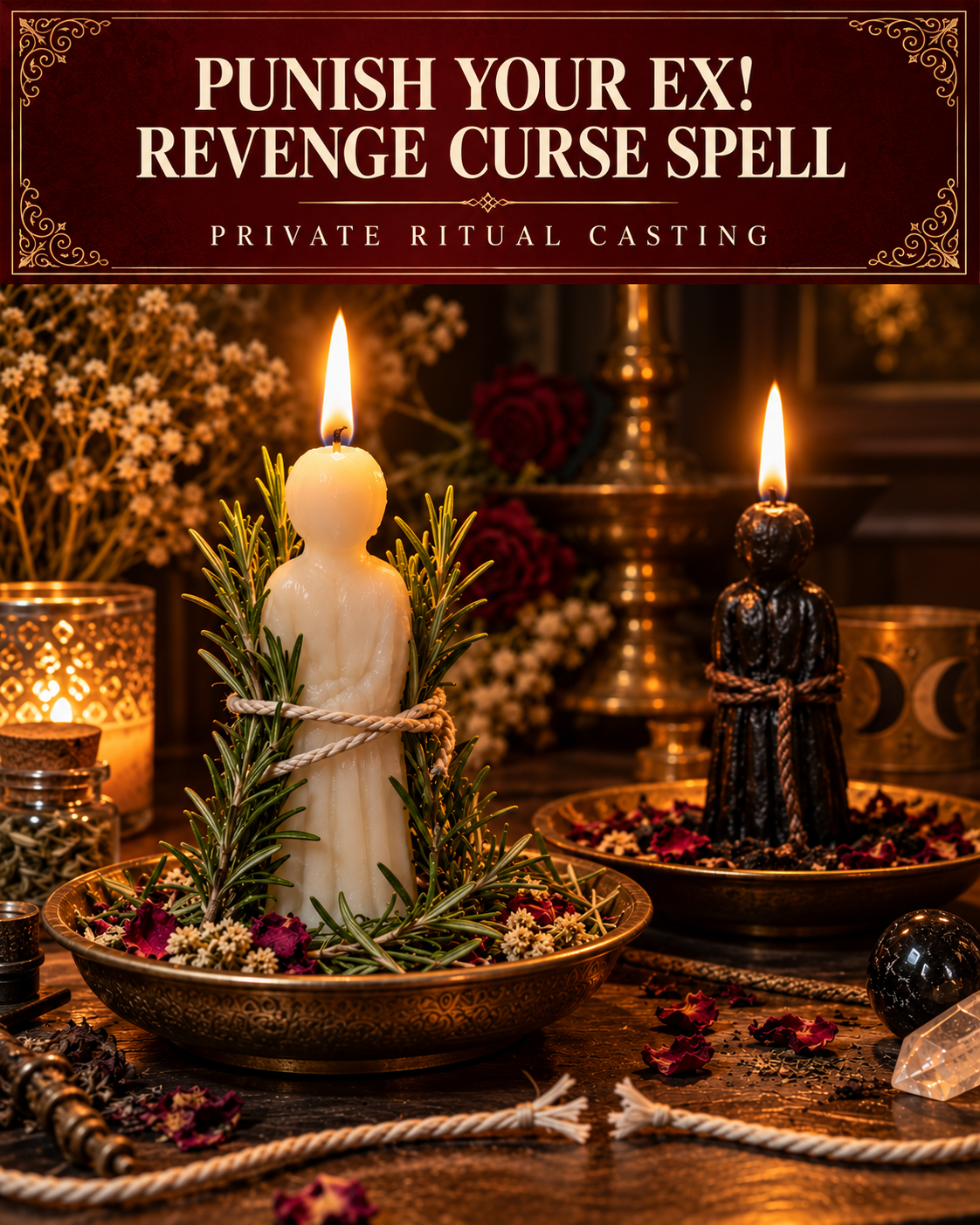 Punish Your Ex! Revenge Curse Spell private ritual casting artwork with stylized wax figure candles on a warm wooden altar