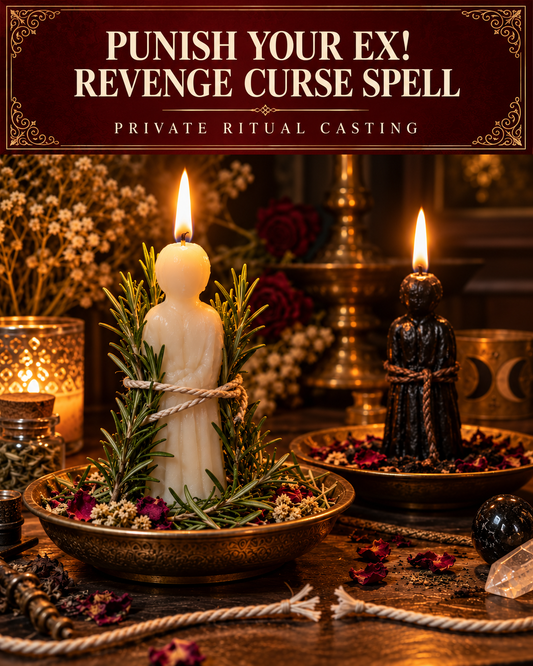 Punish Your Ex! Revenge Curse Spell private ritual casting artwork with stylized wax figure candles on a warm wooden altar