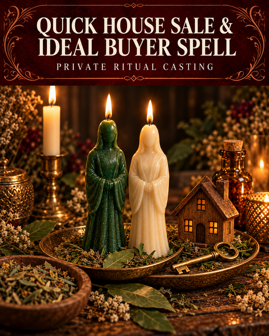 Quick House Sale & Ideal Buyer Spell private ritual casting artwork with stylized figure candles on a warm wooden altar and a burgundy title banner.