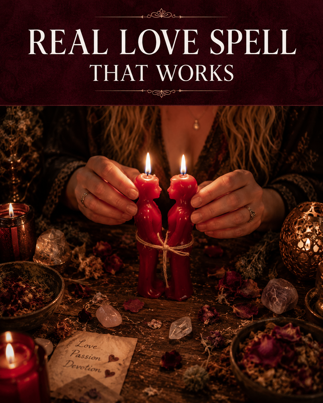 Real Love Spell That Works main image with two red figure candles, rose petals, crystals, herbs, and warm candlelit altar cast by spell caster Belinda
