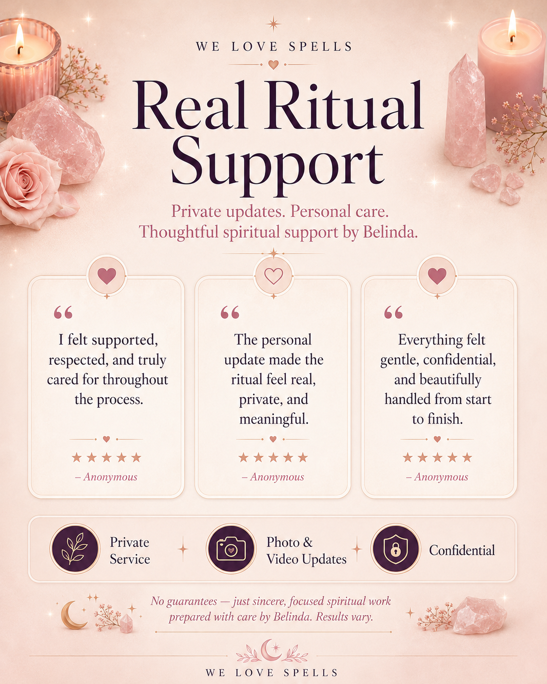 Real ritual support for a private beauty spell by Belinda at We Love Spells, highlighting personal care, confidential service, photo and video updates, and sincere spiritual work.
