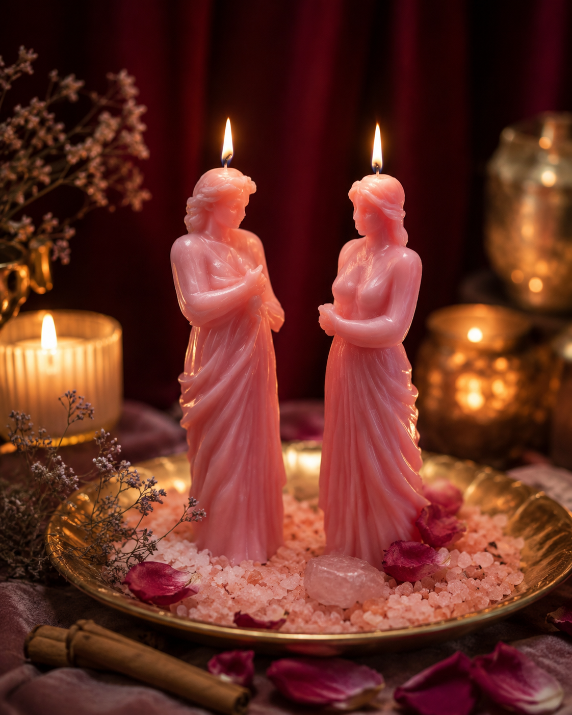 beauty spell ritual with two pink figure candles, rose quartz, rose petals, herbs and candlelight for a private beauty spell casting by Belinda at We Love Spells.