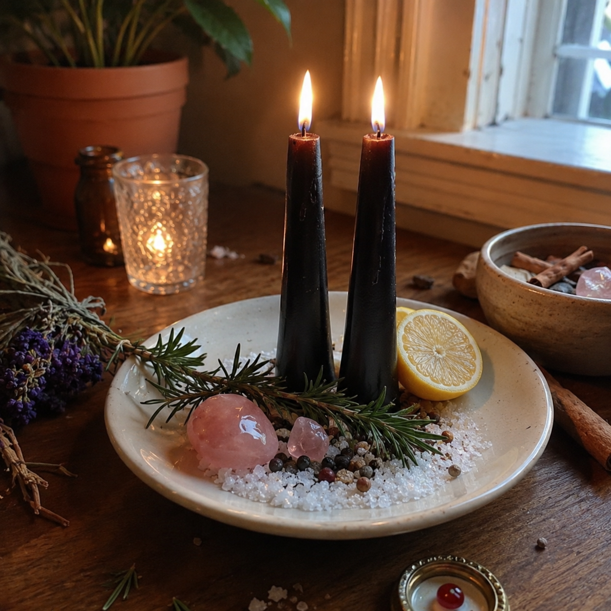 Realistic Karmic Justice Spell altar with black ritual candles, crystals, herbs, lemon and spiritual spell ingredients in a cellphone-style photo