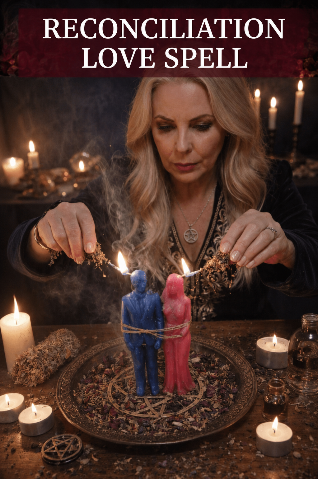 Belinda preparing a Reconciliation Love Spell ritual with blue and pink figure candles, herbs, smoke, and candlelight for emotional healing and restored trust.