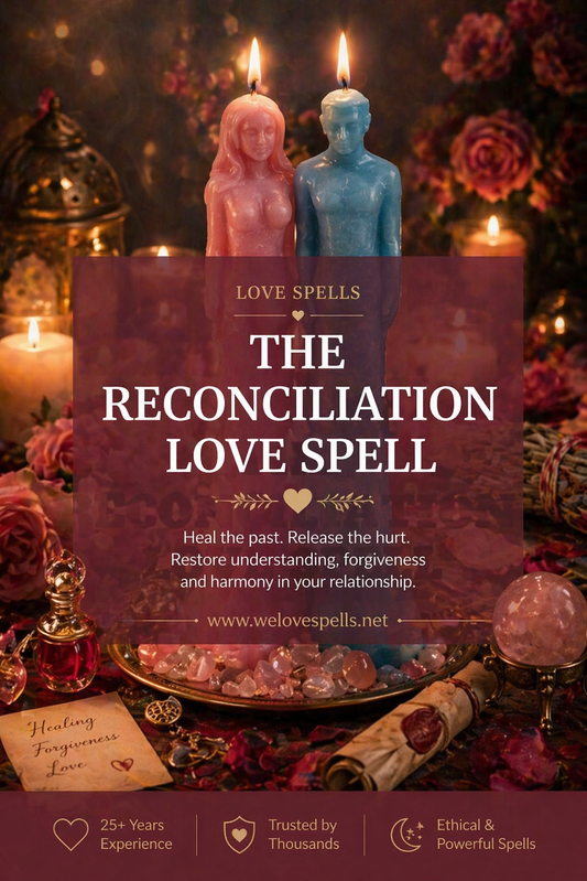 Romantic healing spell casting altar with male and female figure candles, crystals and candlelight for a reconciliation love spell to restore love and harmony by Belinda