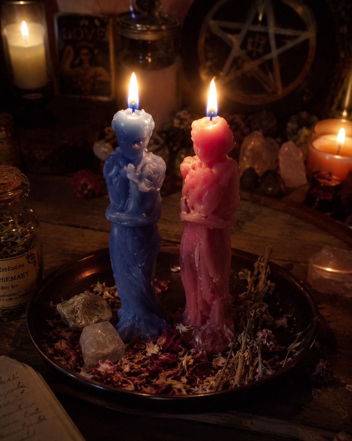 Reconciliation Love Spell ritual altar with blue and pink figure candles, herbs, crystals, and candlelight for emotional healing and trust restoration