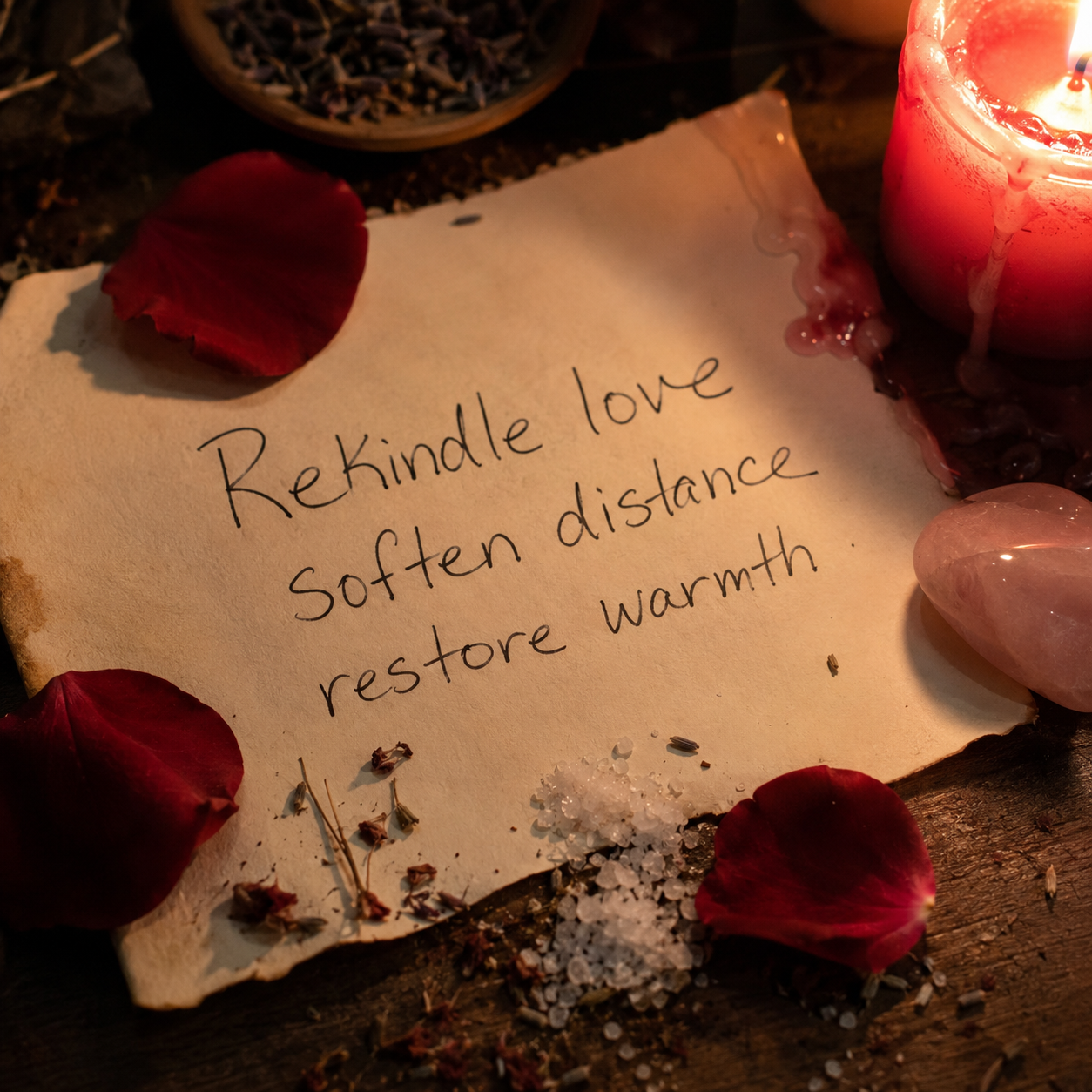 Handwritten Rekindle Love Spell ritual intention with rose petals, candle wax, herbs and rose quartz for restoring love and emotional warmth