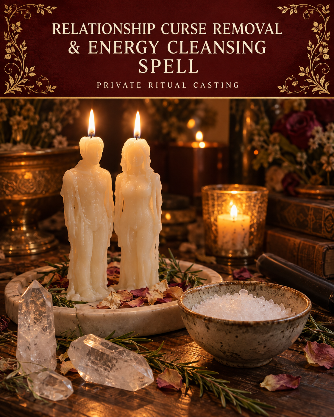 Relationship Curse Removal & Energy Cleansing Spell promotional illustration with two ivory figure candles, a salt bowl, herbs and clear quartz on a candlelit altar.