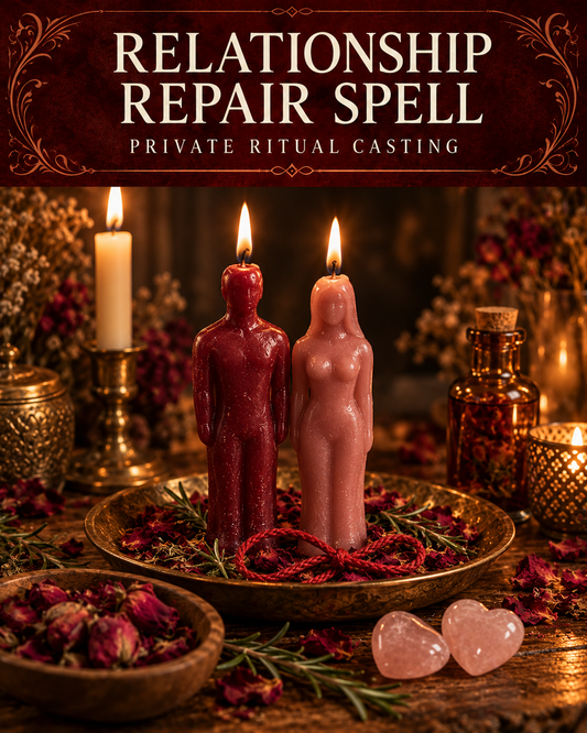 Relationship Repair Spell promotional illustration with burgundy and pink figure candles, red cord, rose petals, herbs and two heart-shaped rose quartz stones on a candlelit altar.