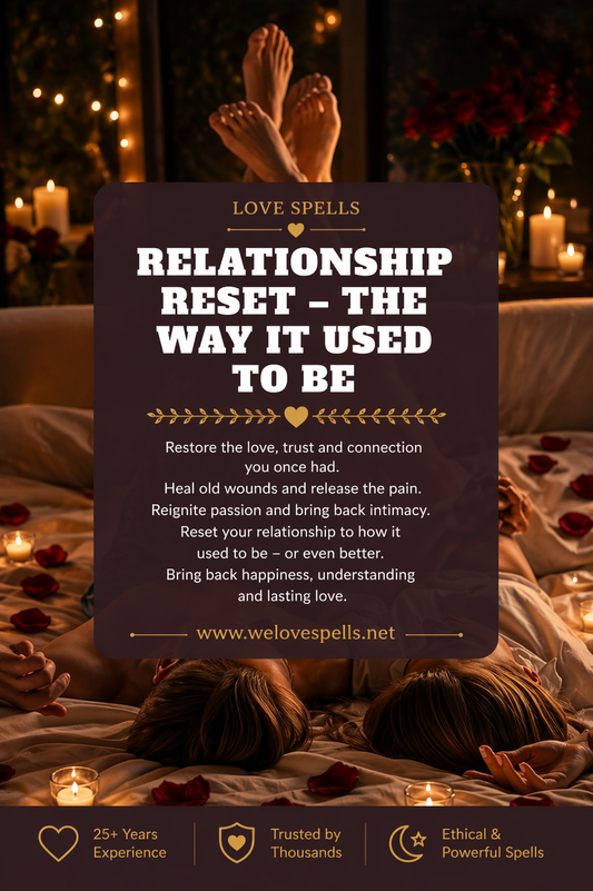 Romantic couple lying together in candlelit bedroom with roses and warm lights representing a relationship reset love spell to restore love, trust and emotional connection by Belinda