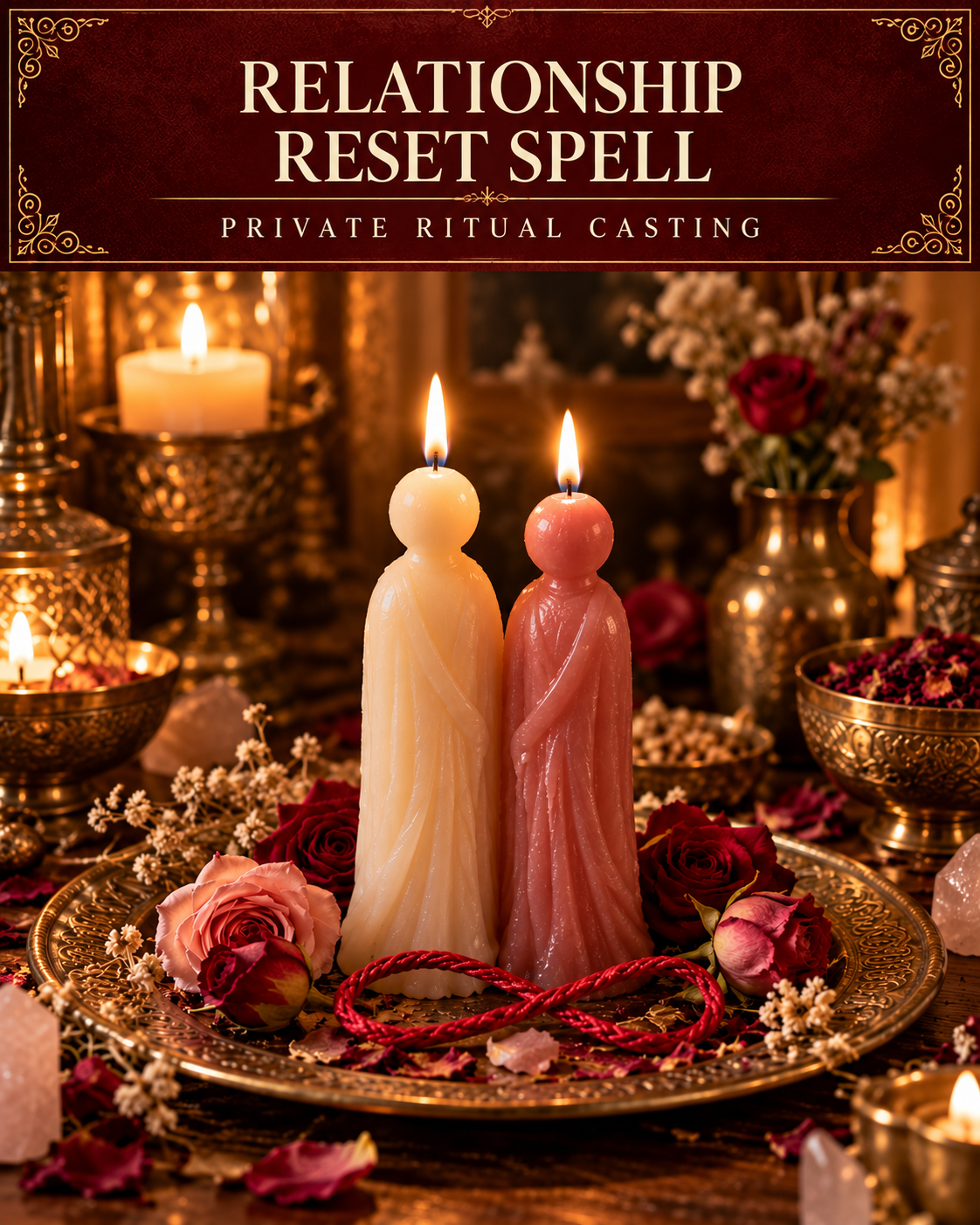 Relationship Reset Spell private ritual casting artwork with stylized wax figure candles on a warm wooden altar