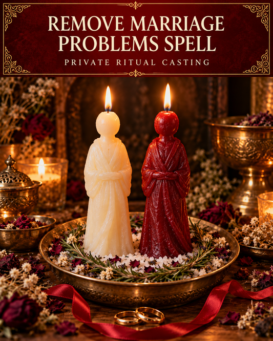 Remove Marriage Problems Spell private ritual casting artwork with stylized wax figure candles on a warm wooden altar
