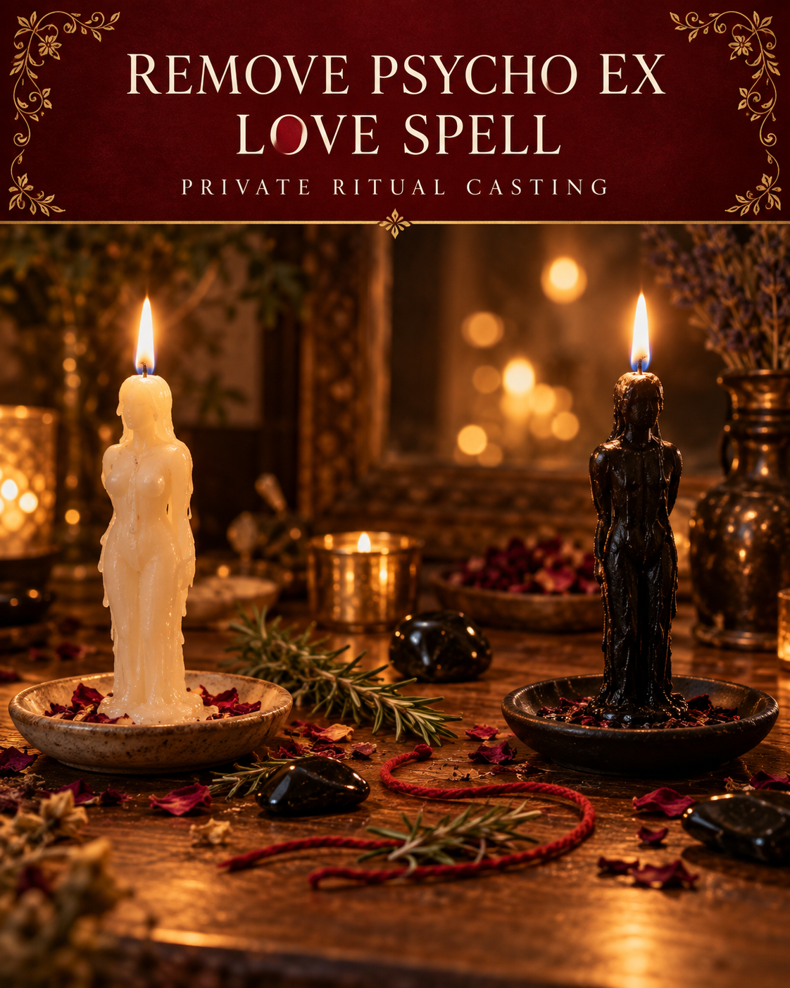 Remove Psycho Ex Love Spell promotional illustration with separated ivory and black figure candles, red cord, herbs and dark stones on a candlelit altar.