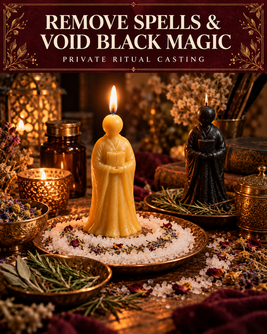Remove Spells & Void Black Magic — private ritual casting, with stylized figure candles on a warm wooden altar.