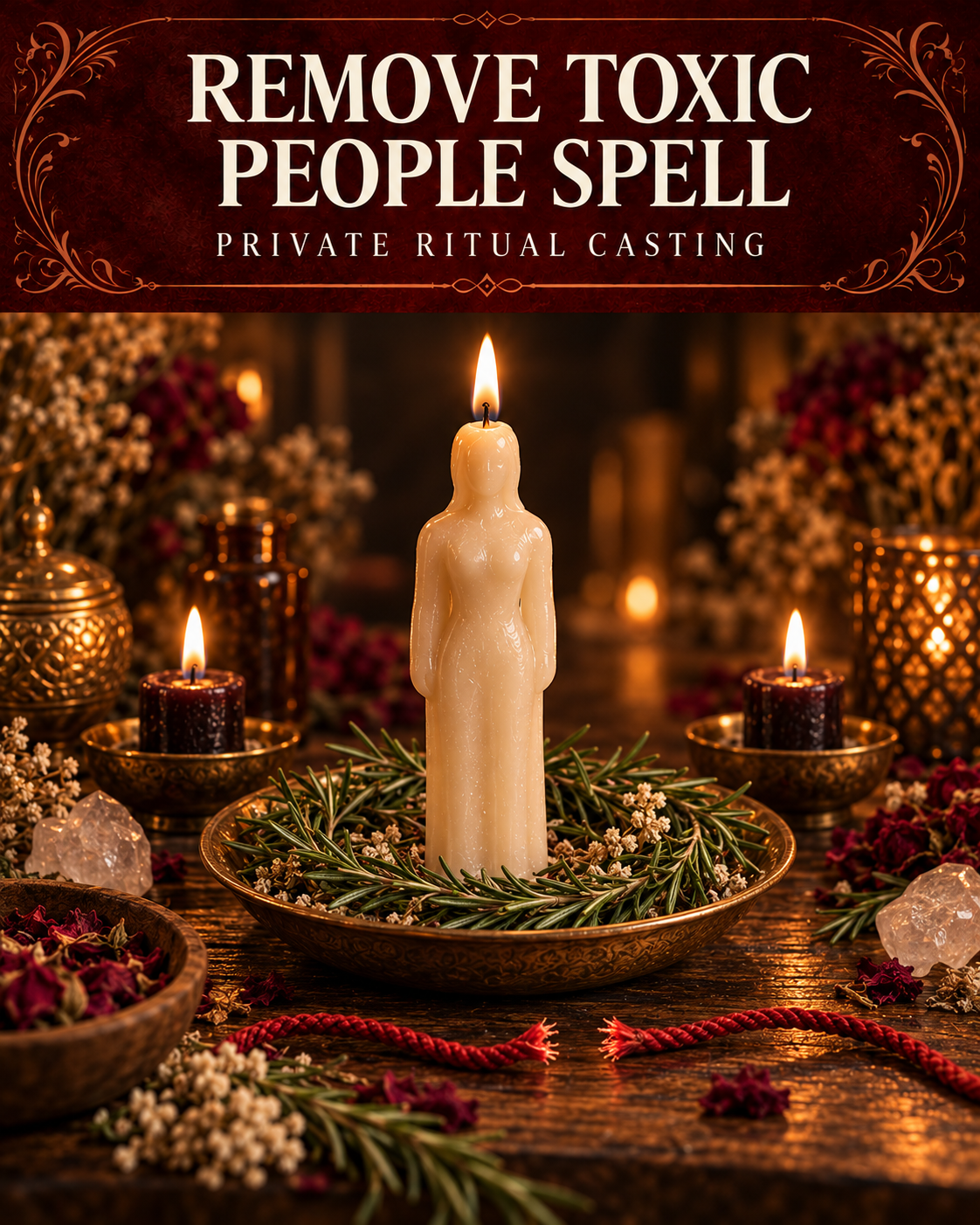 Remove Toxic People Spell private ritual casting artwork with symbolic wax figure candles on a warmly lit altar.