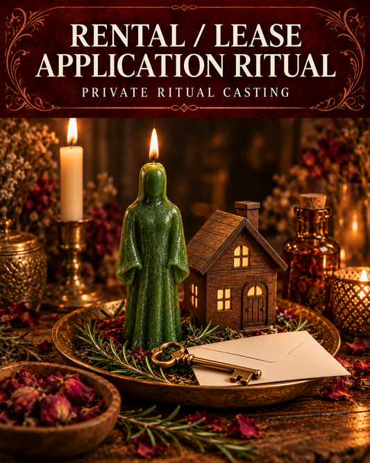 Rental / Lease Application Ritual private ritual casting artwork with stylized figure candles on a warm wooden altar and a burgundy title banner.