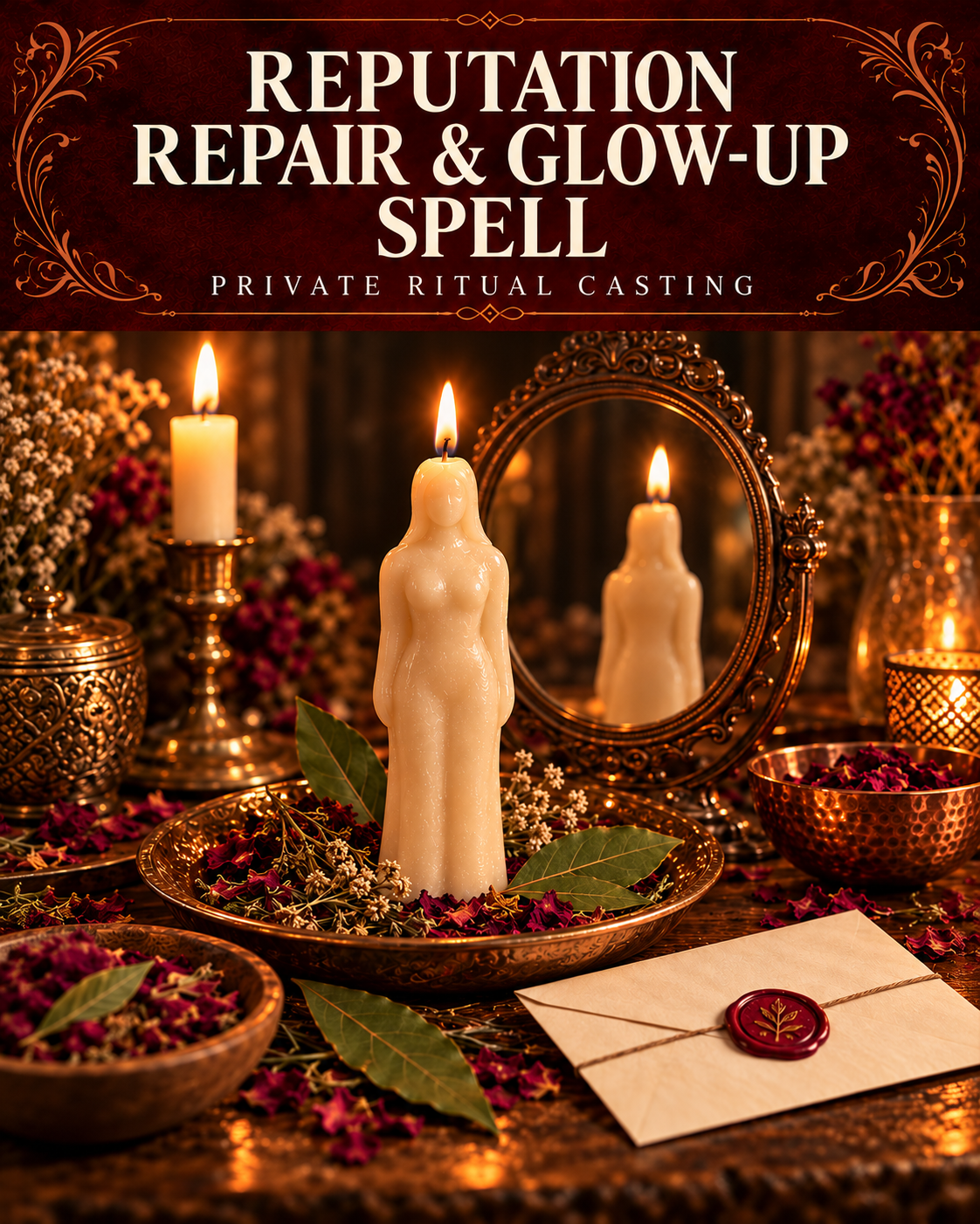 Reputation Repair & Glow-Up Spell private ritual casting artwork with stylized figure candles on a warm wooden altar and a burgundy title banner.