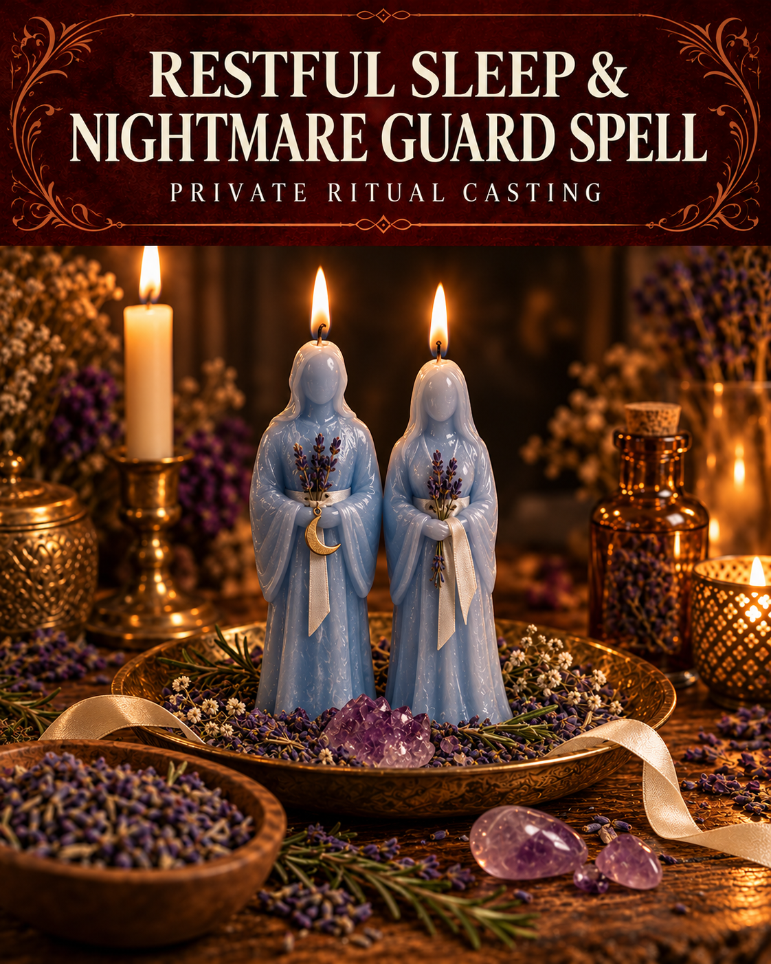 Restful Sleep & Nightmare Guard Spell private ritual casting artwork with stylized figure candles on a warm wooden altar and a burgundy title banner.
