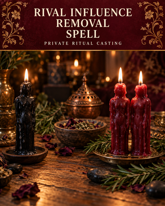 Rival Influence Removal Spell promotional illustration with a black figure candle apart from two red figure candles, herbs and an incense burner on a candlelit altar.