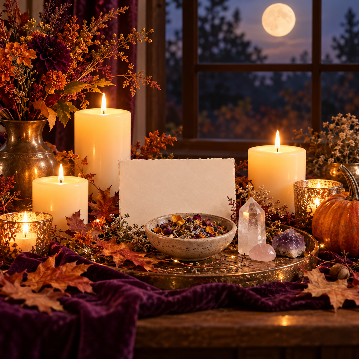 White candles, autumn leaves, herbs, and crystals arranged on a calm altar for a seasonal reflection ritual