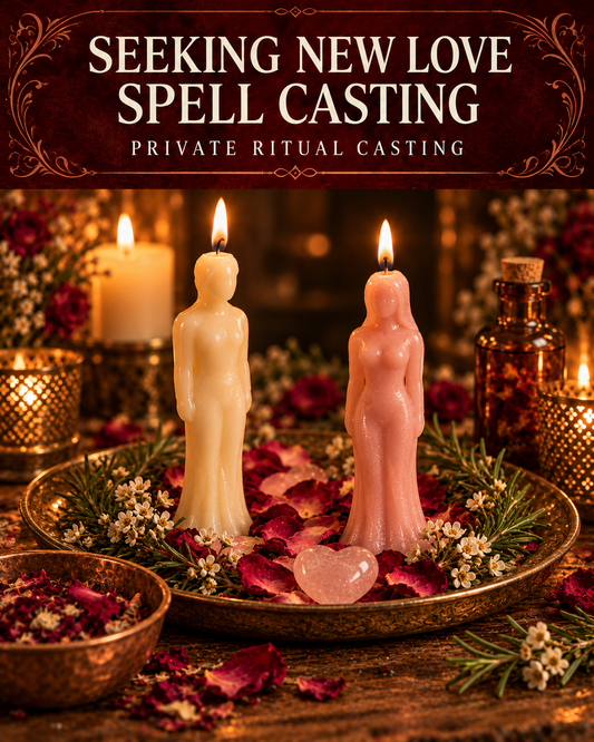 Seeking New Love Spell Casting promotional illustration with ivory and pink figure candles, rose petals, white flowers, rosemary and a rose quartz heart on a candlelit altar.