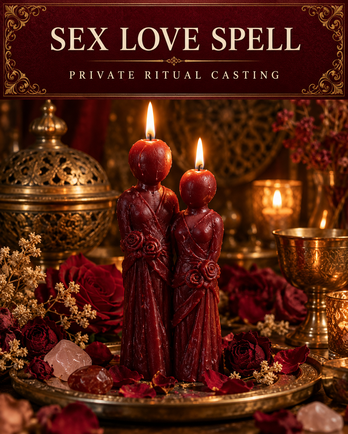 Sex Love Spell private ritual casting artwork with stylized wax figure candles on a warm wooden altar