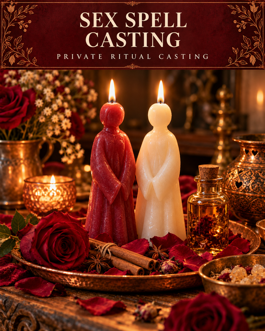 Sex Spell Casting — private ritual casting, with stylized figure candles on a warm wooden altar.