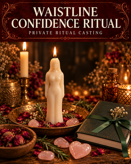 Waistline Confidence Ritual private ritual casting artwork with symbolic wax figure candles on a warmly lit altar.