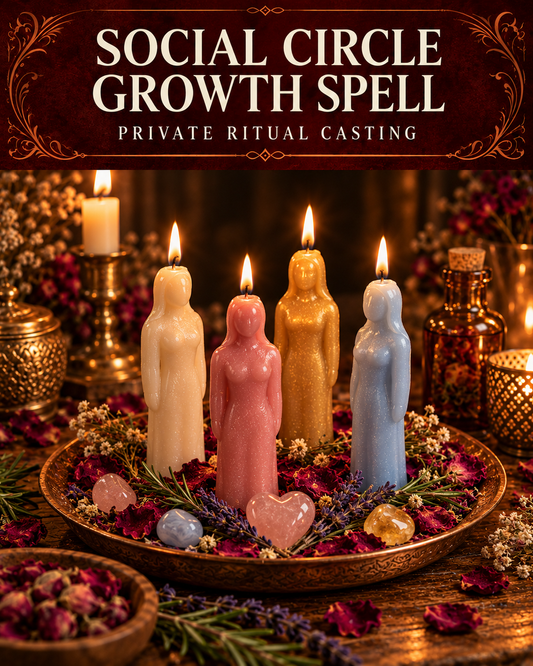 Social Circle Growth Spell private ritual casting artwork with stylized figure candles on a warm wooden altar and a burgundy title banner.