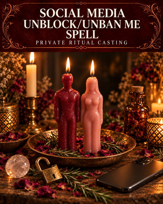 Social Media Unblock/Unban Me Spell promotional illustration with red and pink figure candles, rose petals, rosemary, an open padlock and a smartphone on a candlelit altar.