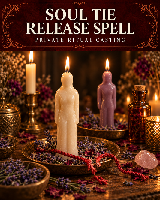 Soul Tie Release Spell private ritual casting artwork with symbolic wax figure candles on a warmly lit altar.
