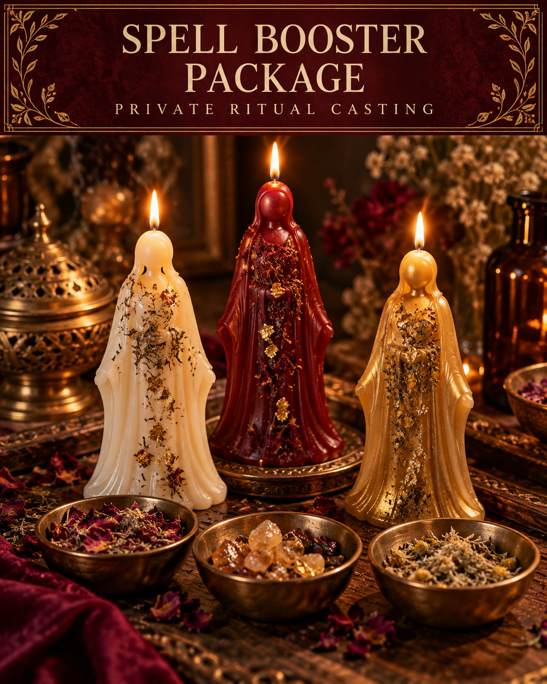 Spell Booster Package — private ritual casting, with stylized figure candles on a warm wooden altar.